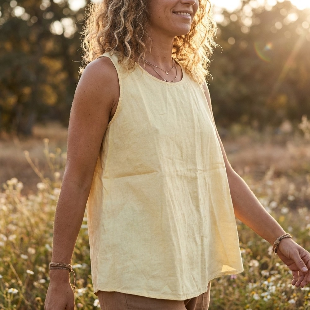 FILOSOFIA Women Tank Top Size L Yellow 100% Linen Sleeveless Coastal Minimalist
